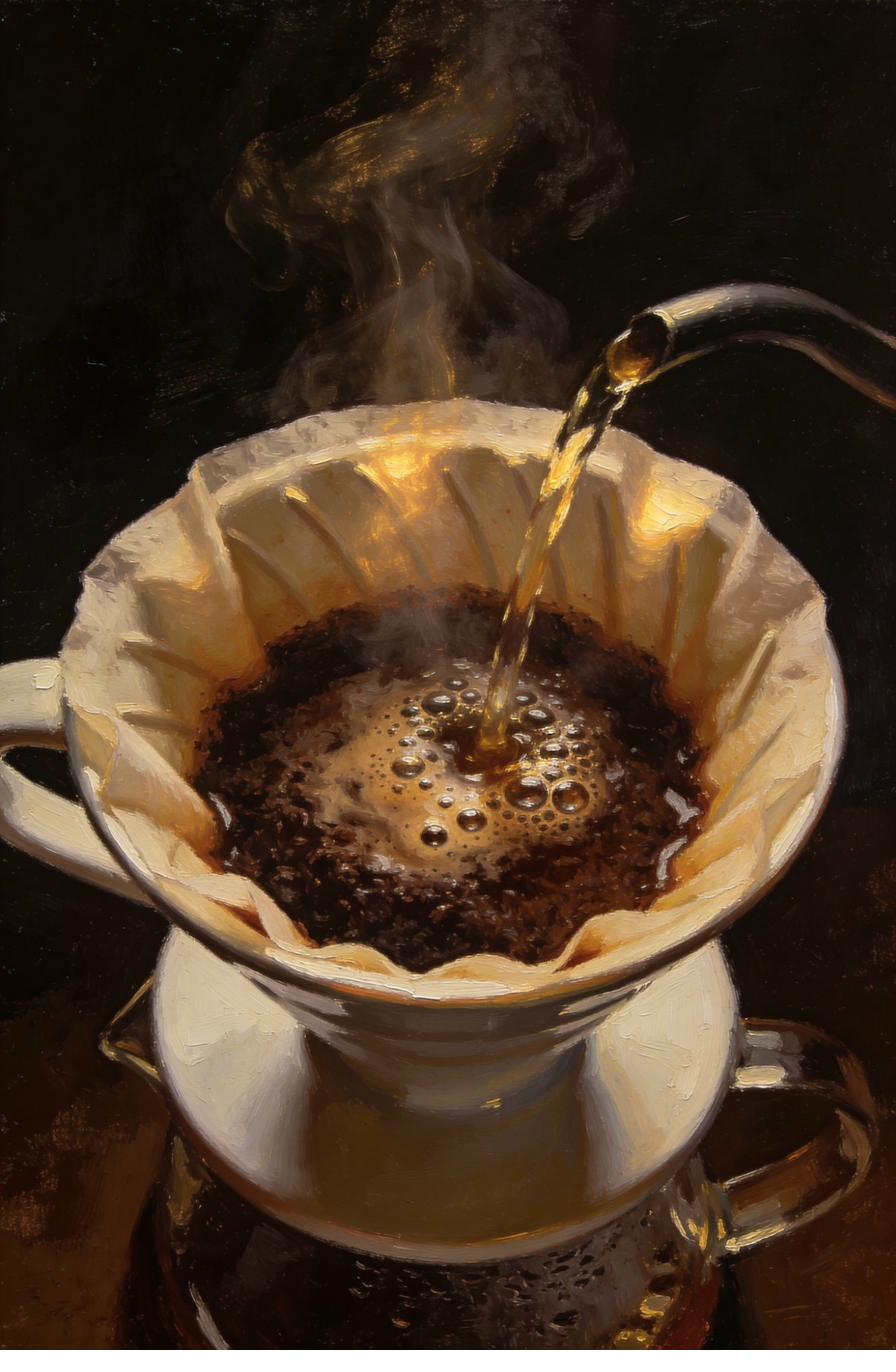 Pour-over bloom, hot water meeting fresh coffee, steam rising