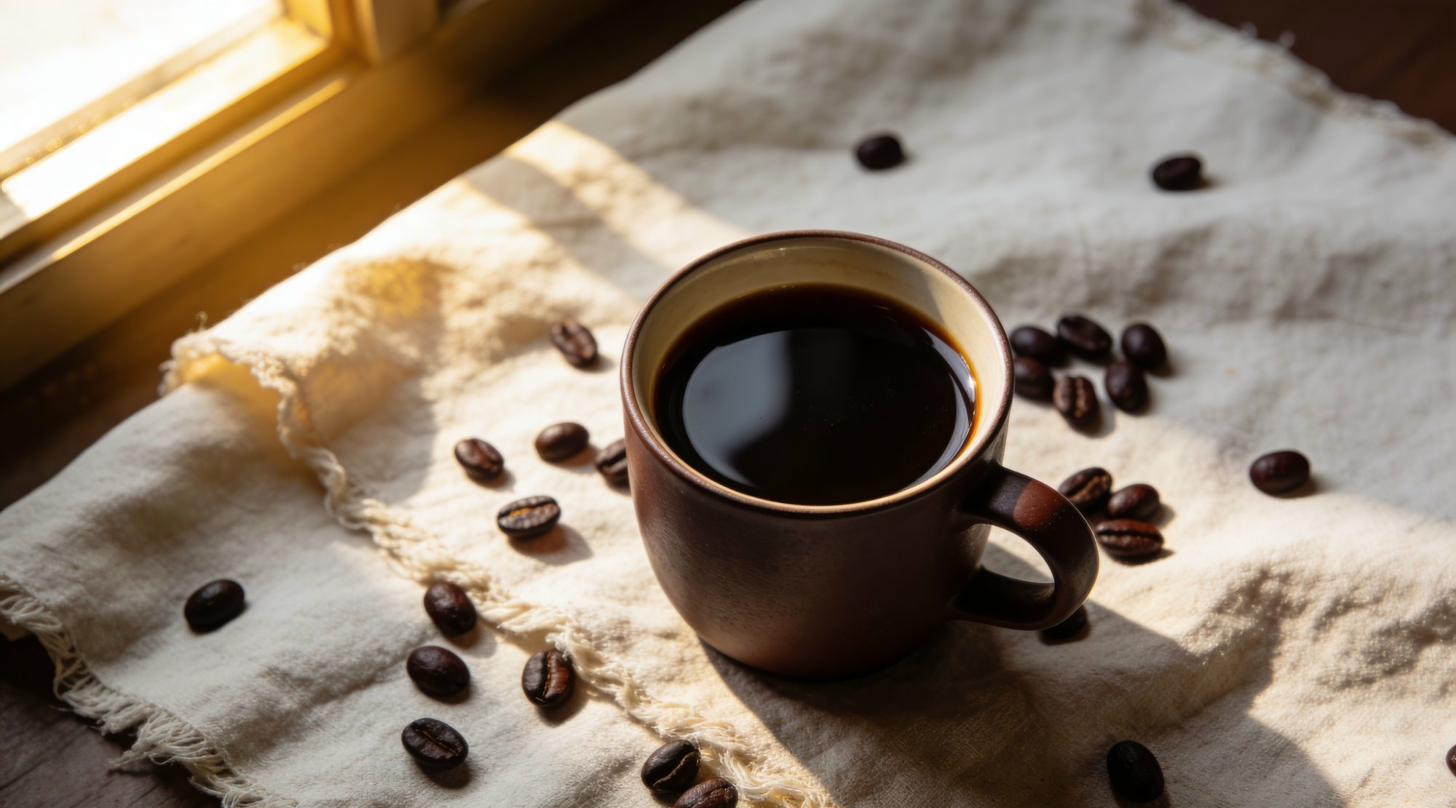 Ceramic mug of dark coffee on linen in morning light, scattered beans