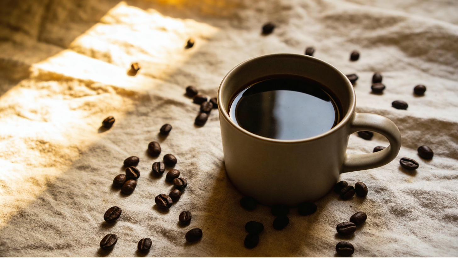 Ceramic mug of coffee on linen with scattered beans and morning light